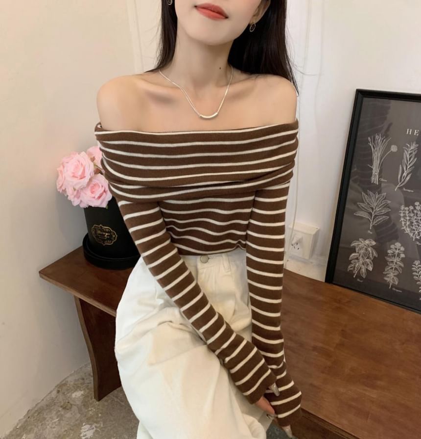 Long-Sleeve Striped Top Knit Slim-Fit