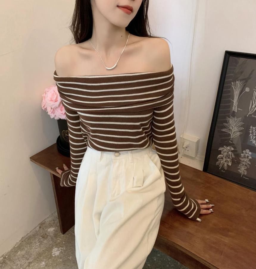 Long-Sleeve Striped Top Knit Slim-Fit