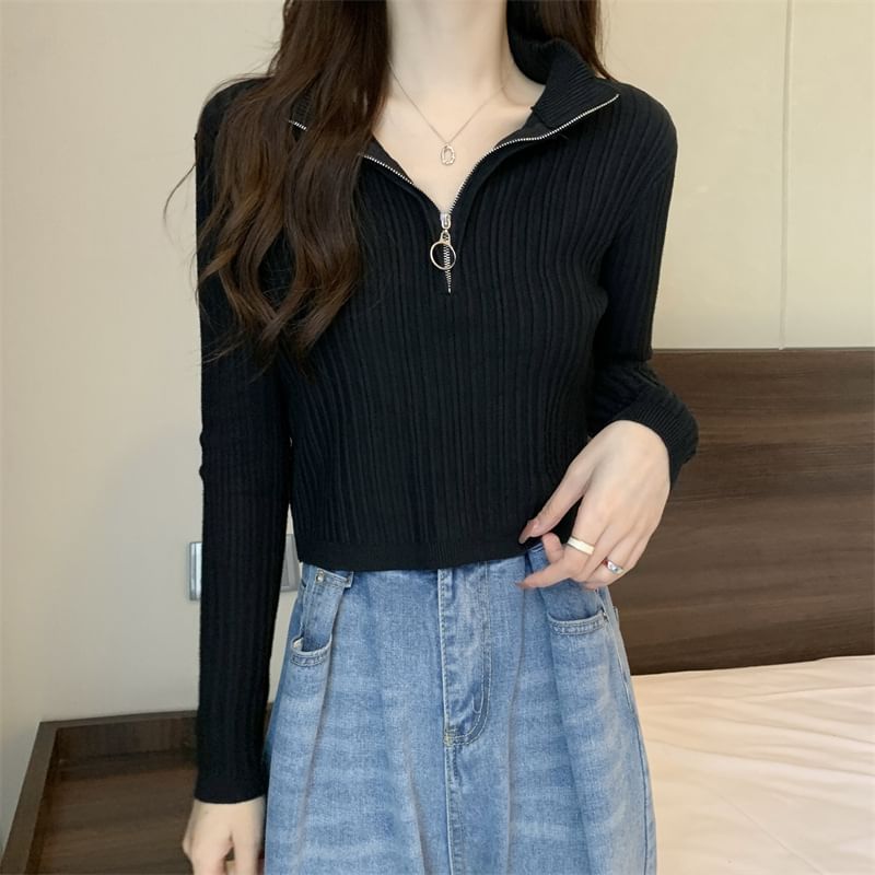 Long-Sleeve Plain Slim-Fit Half Knit Top Zip Mock-Neck