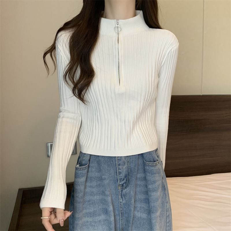 Long-Sleeve Plain Slim-Fit Half Knit Top Zip Mock-Neck