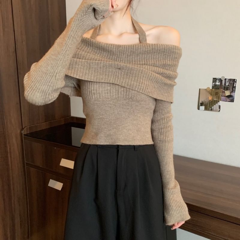 Off-Shoulder Long-Sleeve Halter Sweater