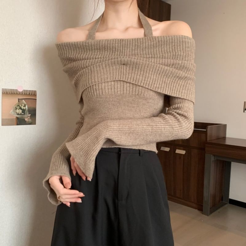 Off-Shoulder Long-Sleeve Halter Sweater