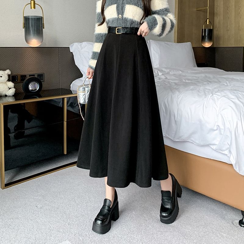 High-Waist Plain Woolen A-Line Skirt