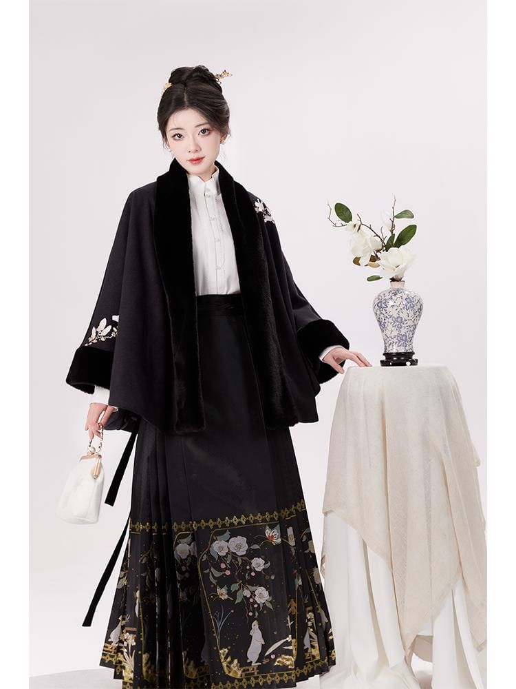 Traditional Chinese Embroidered Open Front Cape / High Waist Maxi A-Line Skirt / Long-Sleeve Blouse / Set