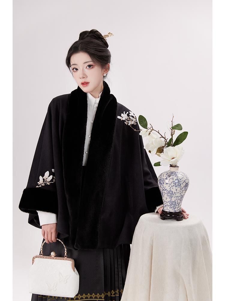 Traditional Chinese Embroidered Open Front Cape / High Waist Maxi A-Line Skirt / Long-Sleeve Blouse / Set