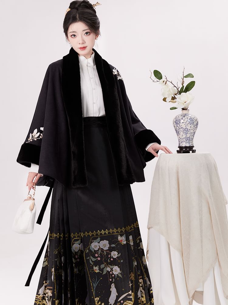 Traditional Chinese Embroidered Open Front Cape / High Waist Maxi A-Line Skirt / Long-Sleeve Blouse / Set