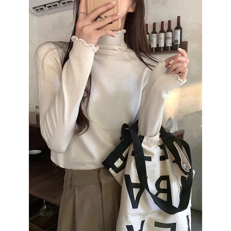 Long-Sleeve High Neck Plain Lettuce Edge Knit Top