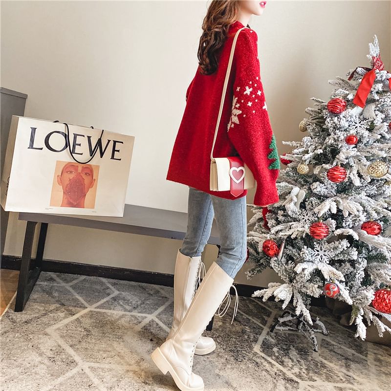 Christmas Neck Jacquard Sweater Crew Tree