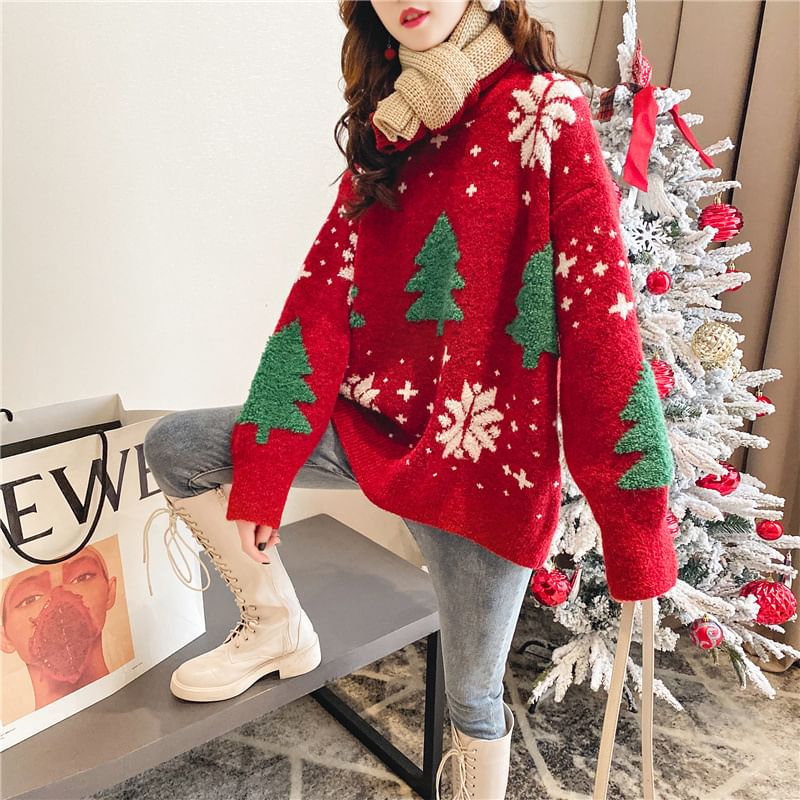 Christmas Neck Jacquard Sweater Crew Tree