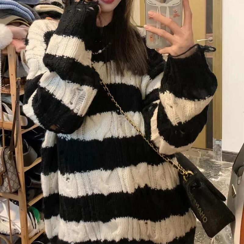 Neck Distressed Crew Cable Striped Sweater Knit