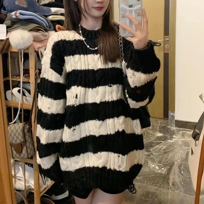 Neck Distressed Crew Cable Striped Sweater Knit