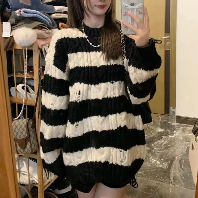 Neck Distressed Crew Cable Striped Sweater Knit