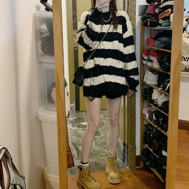 Neck Distressed Crew Cable Striped Sweater Knit