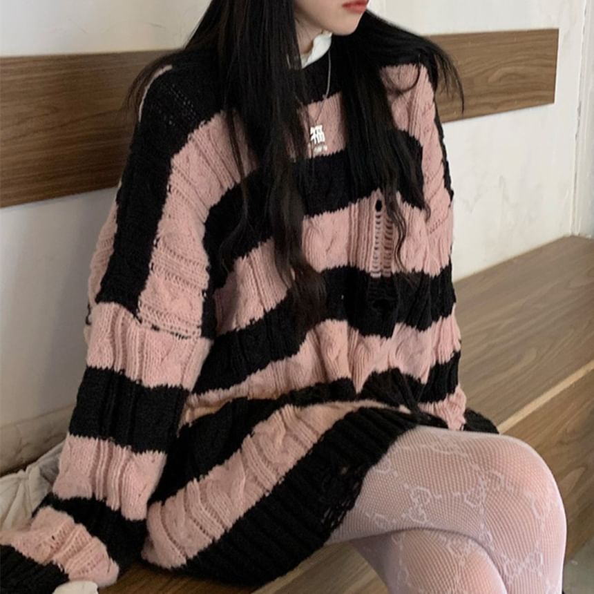 Neck Distressed Crew Cable Striped Sweater Knit