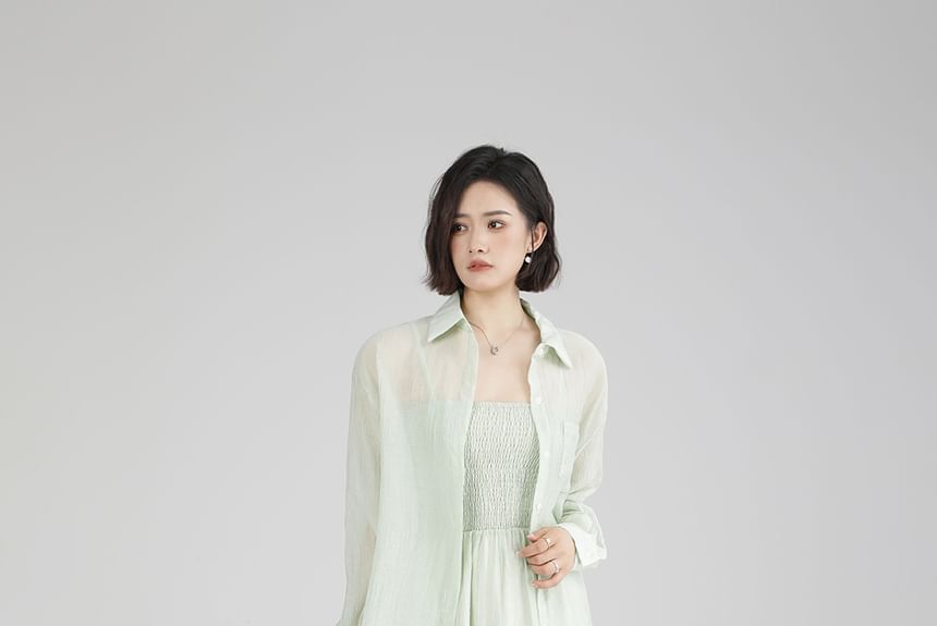 Long-Sleeve Plain Shirt / Spaghetti Strap Plain Maxi A-Line Dress