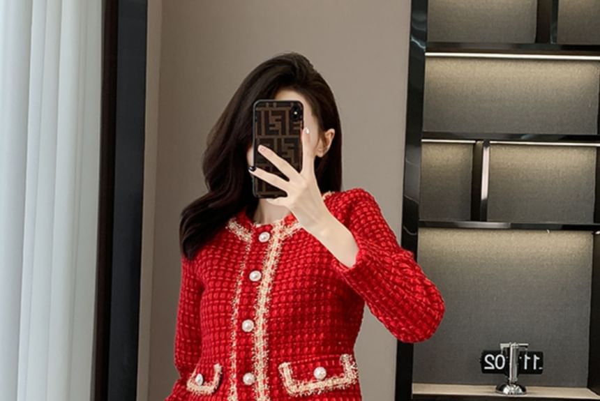 Set: Crew Neck Tweed Contrast Trim Button-Up Crop Jacket + High Waist Mini Straight Skirt