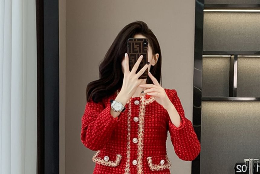 Set: Crew Neck Tweed Contrast Trim Button-Up Crop Jacket + High Waist Mini Straight Skirt