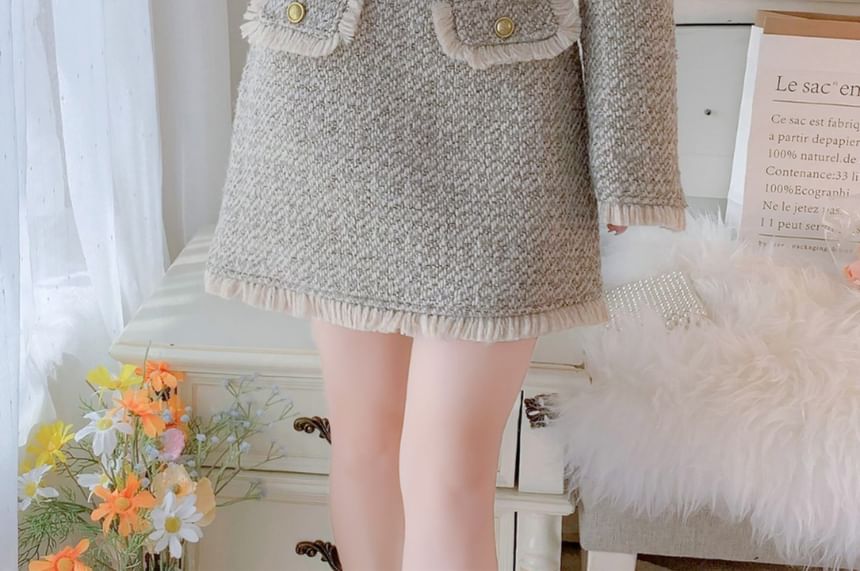 Set: V-Neck Tweed Frayed Button-Up Crop Jacket + High Waist Mini Pencil Skirt