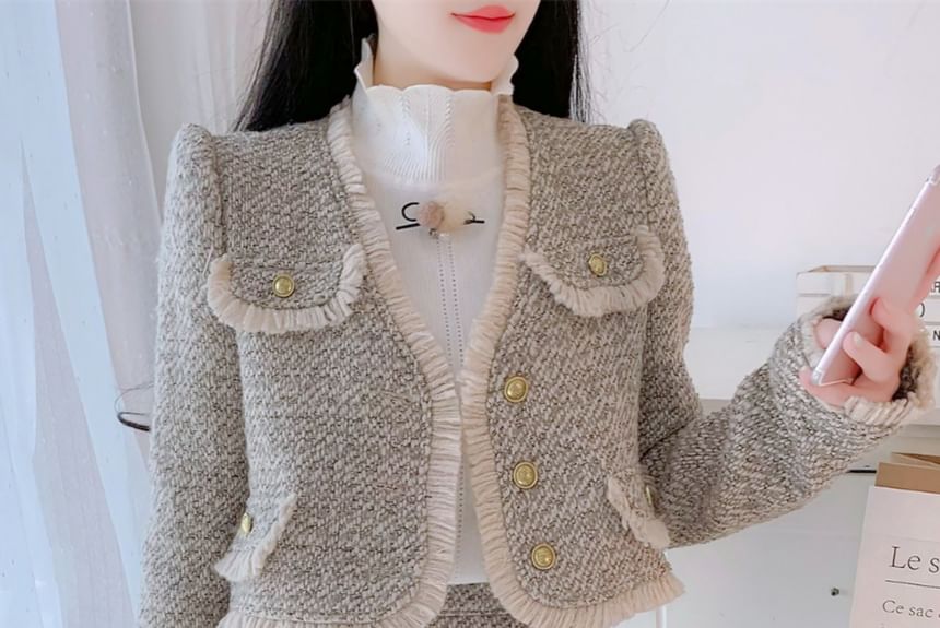 Set: V-Neck Tweed Frayed Button-Up Crop Jacket + High Waist Mini Pencil Skirt