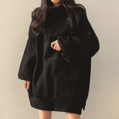 Balloon Sleeve Turtleneck Plain Slit Oversized Sweater