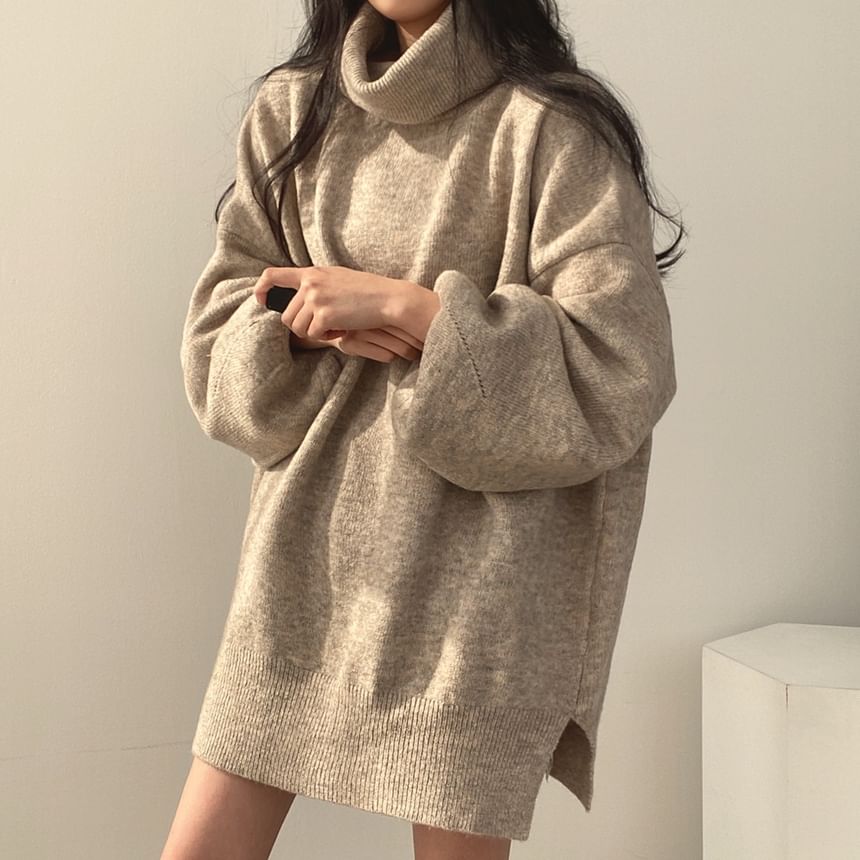 Balloon Sleeve Turtleneck Plain Slit Oversized Sweater