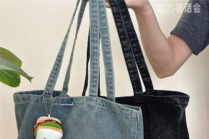 Washed Lettering Denim Tote Bag / Charm / Set