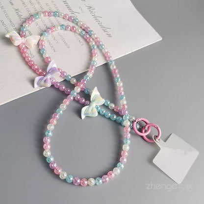 Floral / Bow Faux Gemstone Bead Phone Lanyard with Lanyard Pad