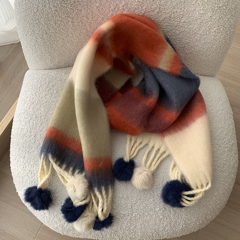 Striped Pom Pom Fringed Scarf