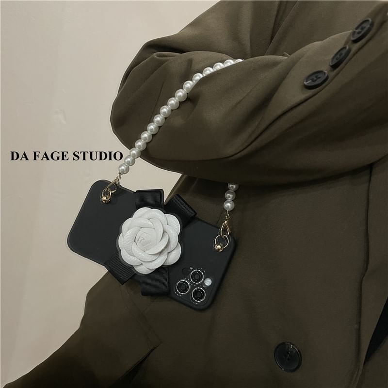 Pearl Faux Strap Floral Phone Case