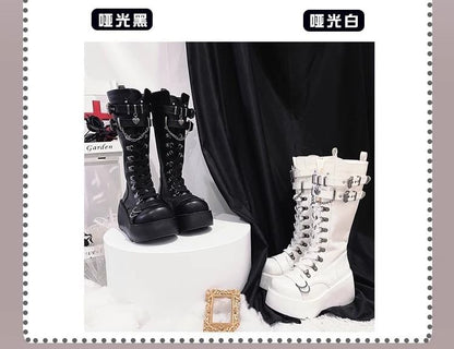 Platform Plain Lace Up Mid Calf Boots