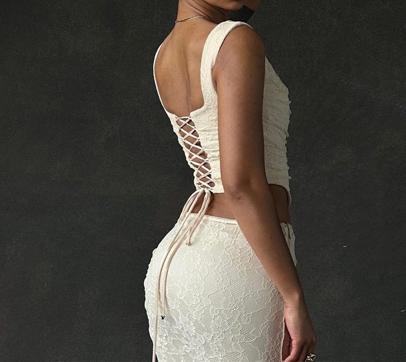 Maxi Waist Neck Lace Square Crop Top Tank Skirt Mermaid / Plain High