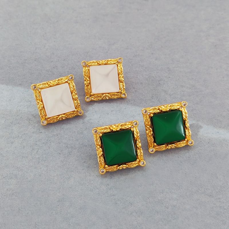 Square Faux Cat Eye Stone Rhinestone Alloy Stud Earring