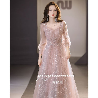 Long-Sleeve V-Neck Sequin Mesh A-Line Evening Gown