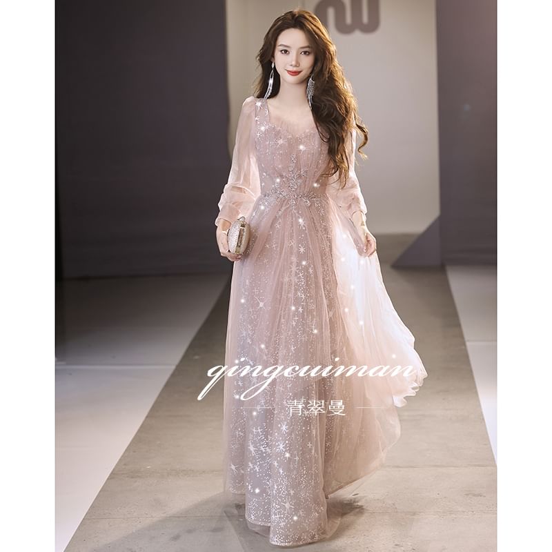 Long-Sleeve V-Neck Sequin Mesh A-Line Evening Gown