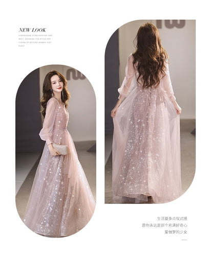 Long-Sleeve V-Neck Sequin Mesh A-Line Evening Gown