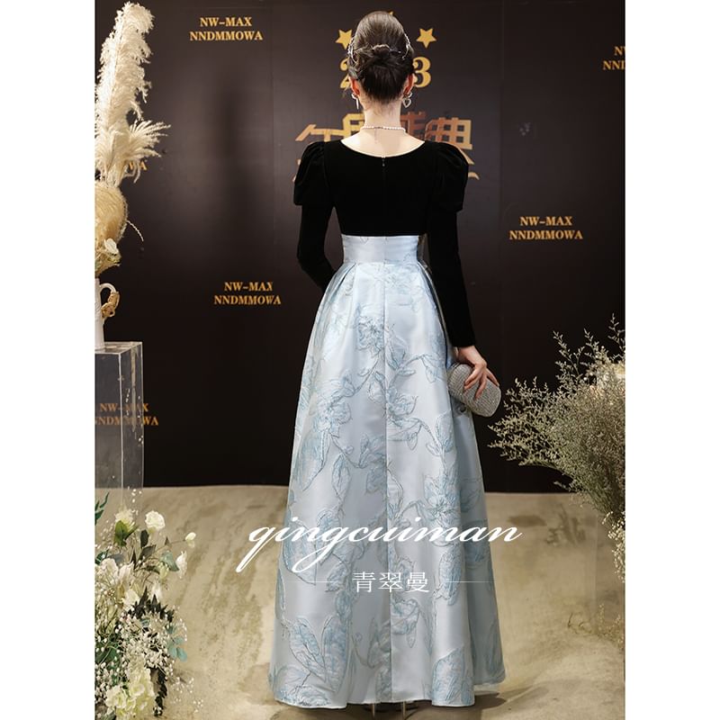 Long-Sleeve V-Neck Two Tone Floral Jacquard A-Line Evening Gown