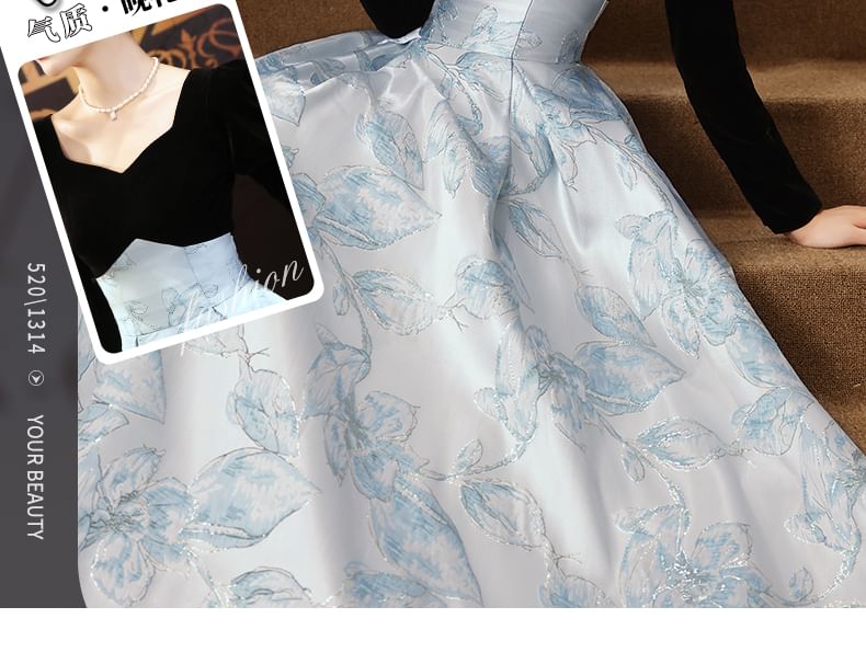 Long-Sleeve V-Neck Two Tone Floral Jacquard A-Line Evening Gown