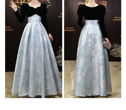 Long-Sleeve V-Neck Two Tone Floral Jacquard A-Line Evening Gown