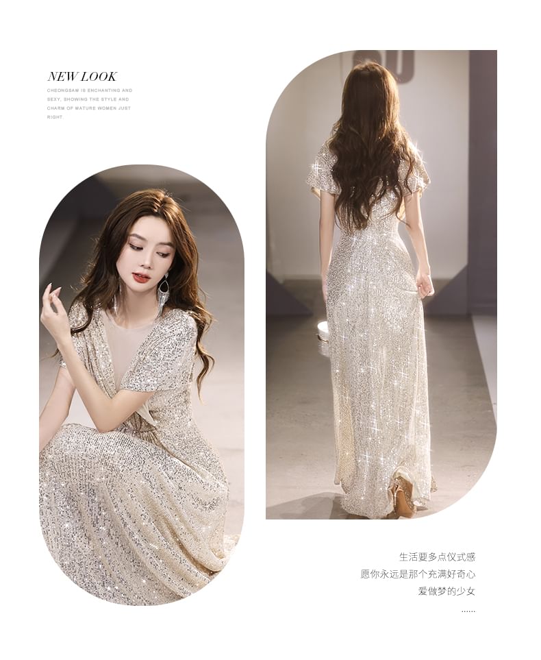 Short-Sleeve V-Neck Plain Sequin A-Line Evening Gown