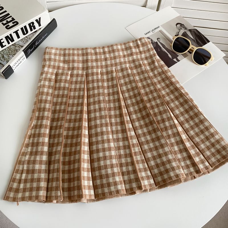 High Waist Plaid Pleated Mini A-Line Knit Skirt