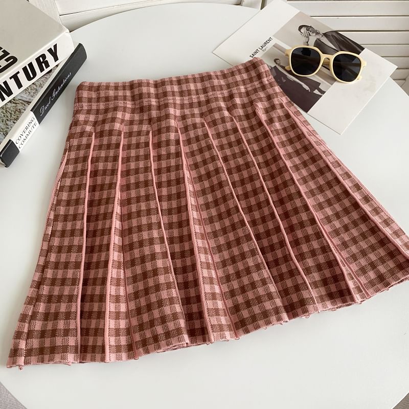 High Waist Plaid Pleated Mini A-Line Knit Skirt