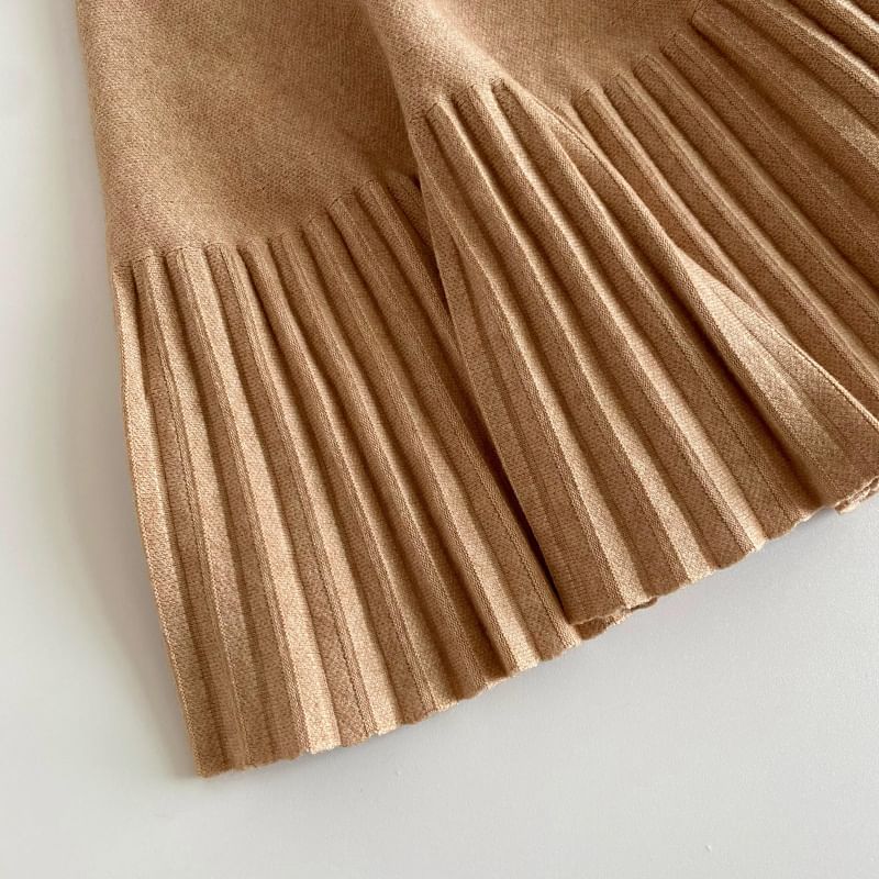 Elastic Waist Plain Accordion Pleated Mini A-Line Knit Skirt