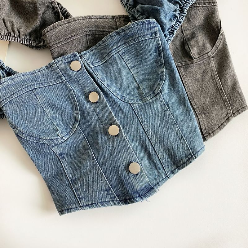 Puff-Sleeve Washed Denim Button Crop Top