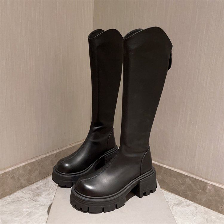 Faux Leather Platform Chunky Heel Tall Boots