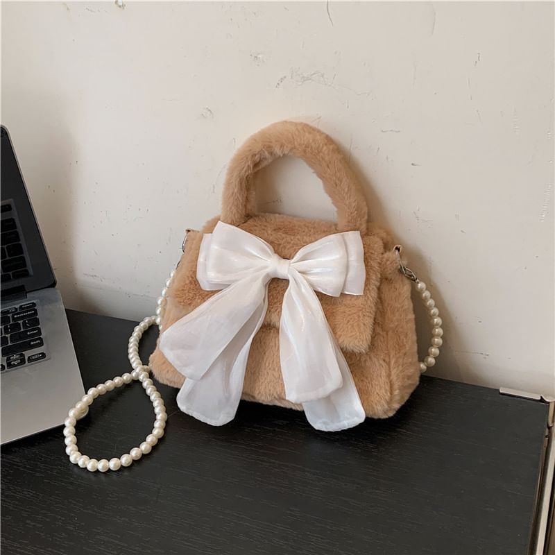 Faux Pearl Strap Fluffy Bow Flap Crossbody Bag