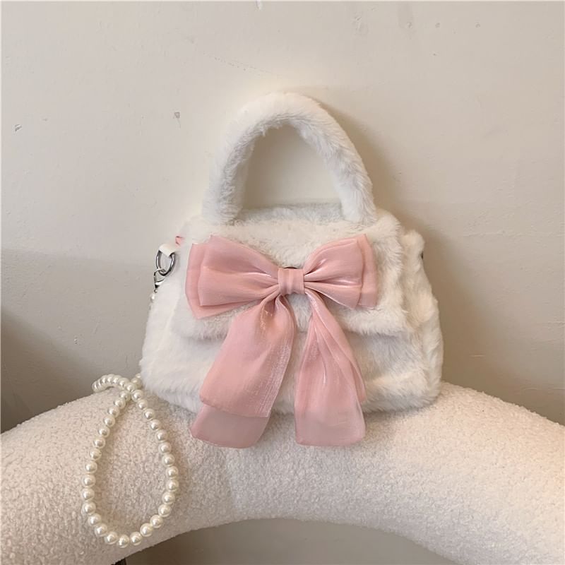 Faux Pearl Strap Fluffy Bow Flap Crossbody Bag