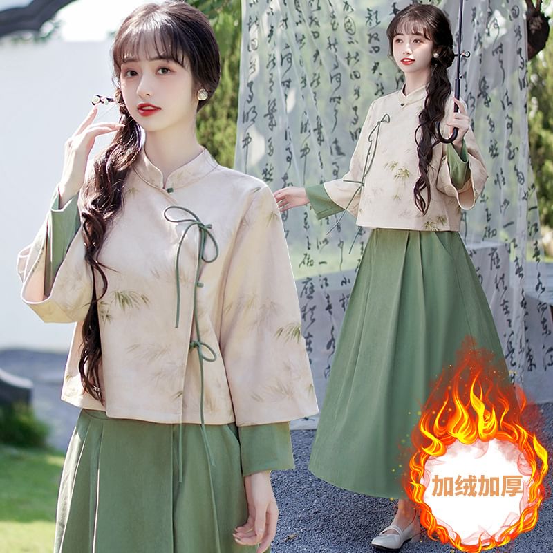 Long-Sleeve Band Collar Bamboo Hanfu Blouse / Mid Rise Plain Midi A-Line Skirt