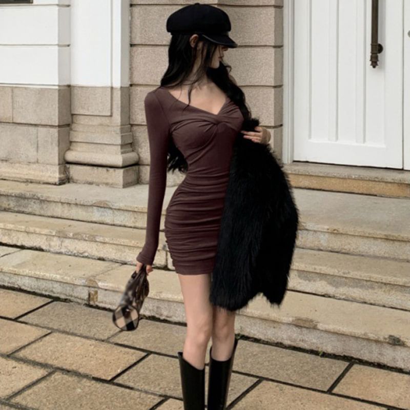 Plain Mini Long-Sleeve Bodycon Dress V-Neck