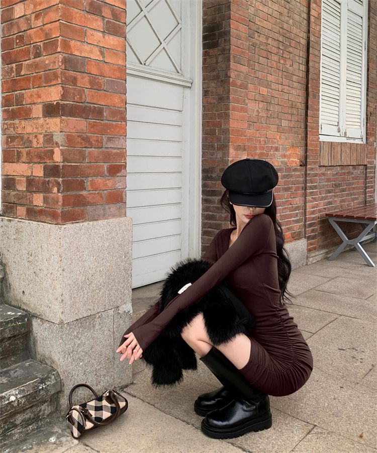 Plain Mini Long-Sleeve Bodycon Dress V-Neck