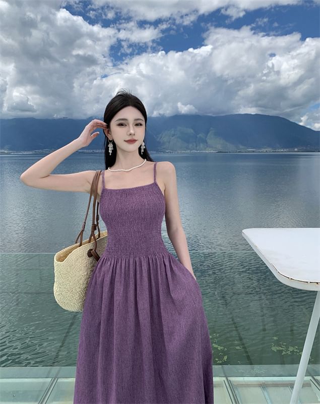 Strap Spaghetti A-Line Plain Dress Midi